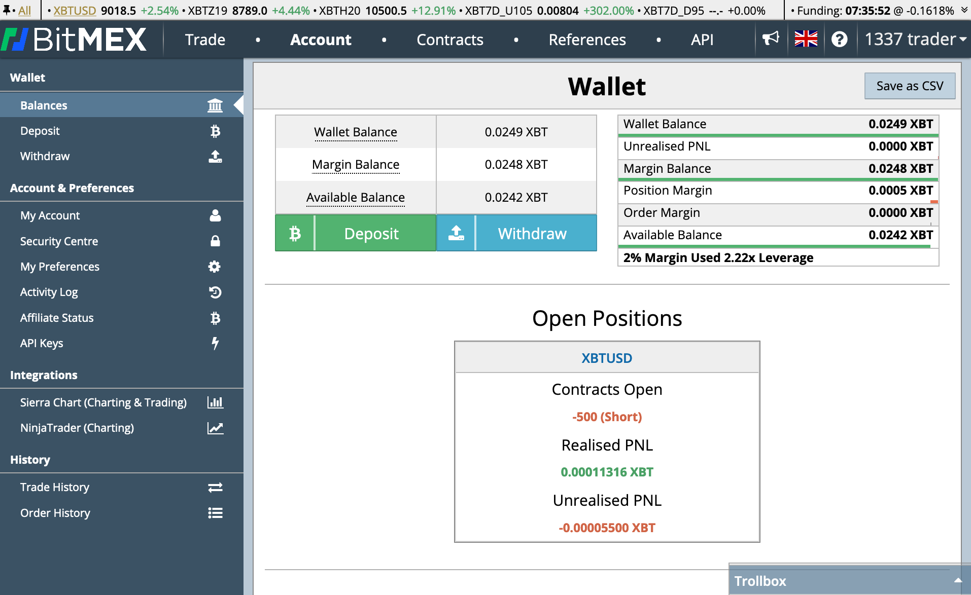 Screenshot of the Testnet interface with a $500 contract open