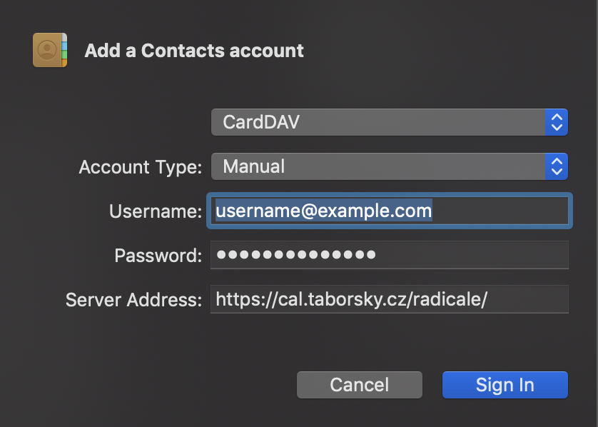 Add account to Contacts in MacOS