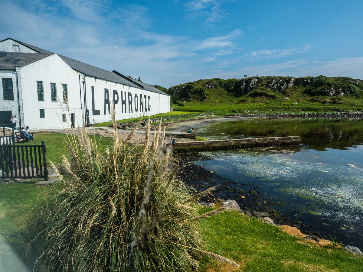 View of the Laphroaig distillery warehouse from the shore