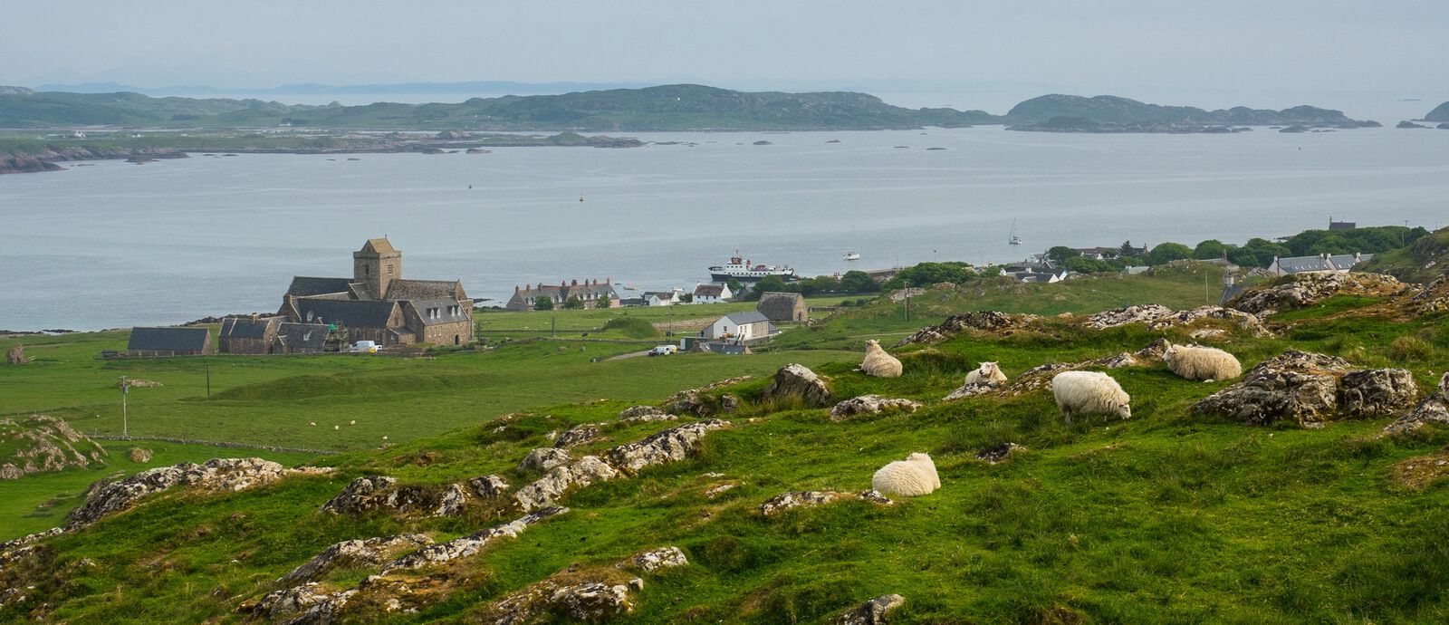 Iona Abbey and Fionphort, with Sound of Iona and Mull in the background